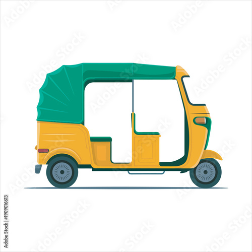 Yellow auto rickshaw with a green roof is seen on a white background