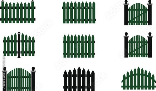 Garden fence and gate icon set with wooden picket fences, entrance gates, curved and straight designs, green and black flat vector illustrations
