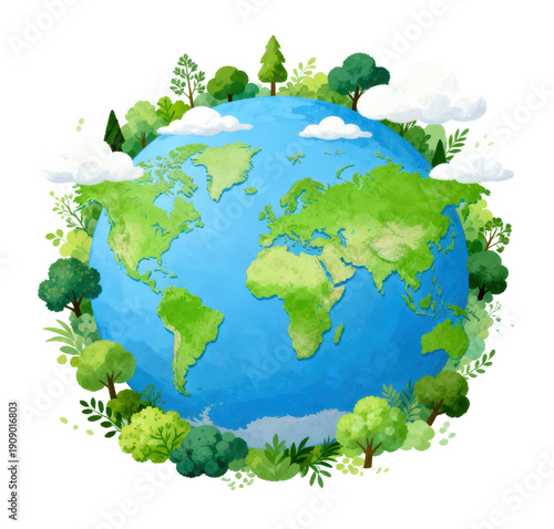Illustration of a green Earth with trees and clouds