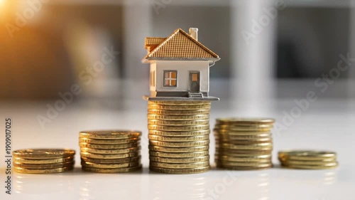 Small house model on rising coin stacks symbolizing real estate investment and financial growth strategy
