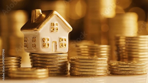 Miniature house model on stacks of gold coins, representing property investment, savings, and financial stability