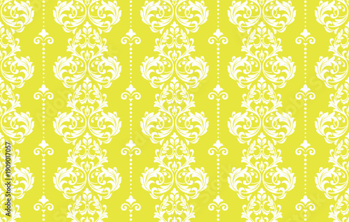 Wallpaper in the style of Baroque. White and yellow floral ornament. Seamless vector background. Graphic pattern for fabric, wallpaper, packaging. Ornate Damask flower illustration