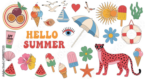 Vibrant summer icons and a cheetah surrounded by colorful treats and symbols on a white background with ergonomic fun