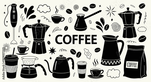 A collection of coffee makers and cups with coffee beans scattered around them