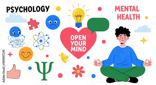 Person meditates surrounded by psychology and mental health symbols and icons