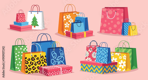 Colorful wrapped gifts and shopping bags arranged on pink background for celebration