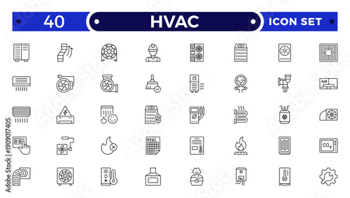 HVAC outline icon set .Ventilation equipment line icons. Air conditioning, cooling appliances, exhaust fan. Household and industrial ventilator thin linear signs for store.