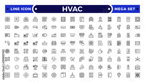 HVAC outline icon set .Ventilation equipment line icons. Air conditioning, cooling appliances, exhaust fan. Household and industrial ventilator thin linear signs for store.