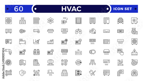 HVAC outline icon set .Ventilation equipment line icons. Air conditioning, cooling appliances, exhaust fan. Household and industrial ventilator thin linear signs for store.