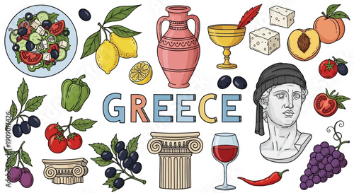 A vibrant illustration of various Greek food, drinks, and cultural icons arranged around the word Greece, showcasing a mix of fruits, wine, and ancient artifacts.