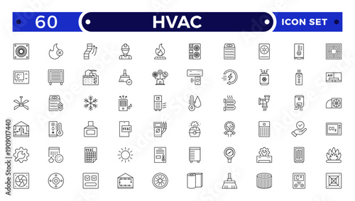 HVAC outline icon set .Ventilation equipment line icons. Air conditioning, cooling appliances, exhaust fan. Household and industrial ventilator thin linear signs for store.