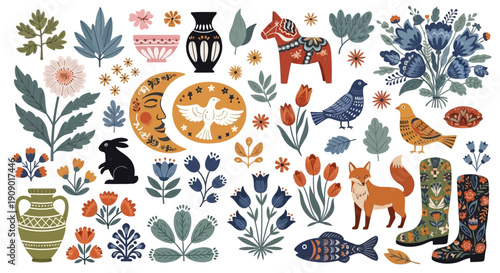 Vibrant illustrations of animals, plants, and objects in a whimsical scene