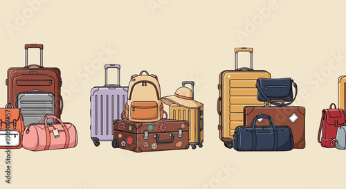 Various luggage and travel bags arranged on a surface for transport