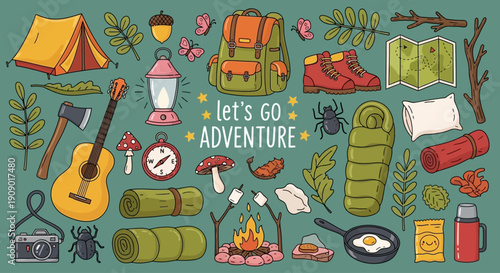 Camping adventure scene with various outdoor gear and nature elements on display