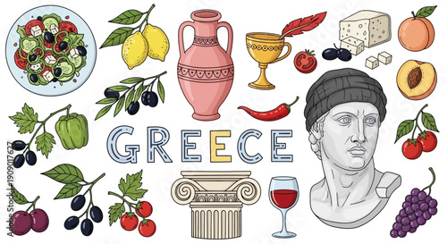 Ancient Greek still life with food, wine, and artifacts on a table