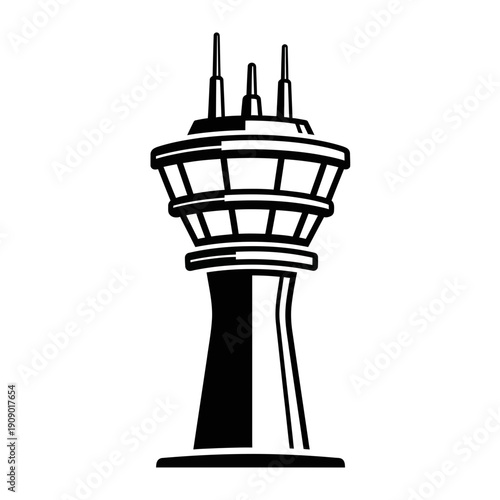 Modern air traffic control tower with sleek design and multiple antennas