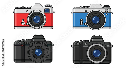 Four vintage cameras in different colors and styles are displayed