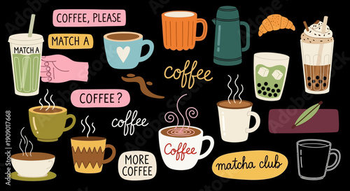 Various coffee cups and drinks are arranged on a table with text.