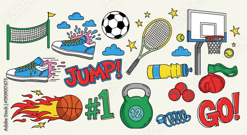 Children's sports equipment illustration with energetic icons and symbols