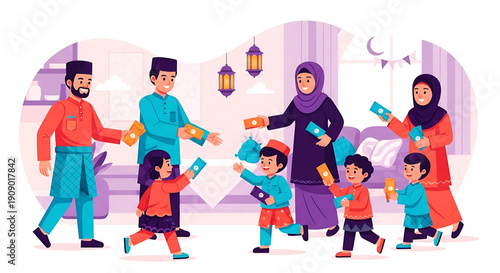 Happy Muslim Family Celebrating Eid al-Fitr, Giving and Receiving Money in Envelopes During a Festive Gathering