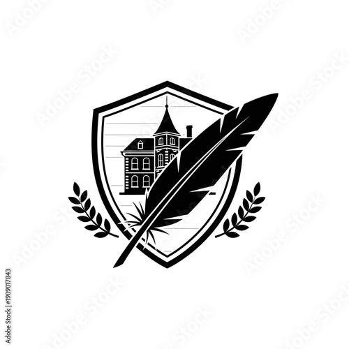 Elegant crest with feather and mansion for luxury branding