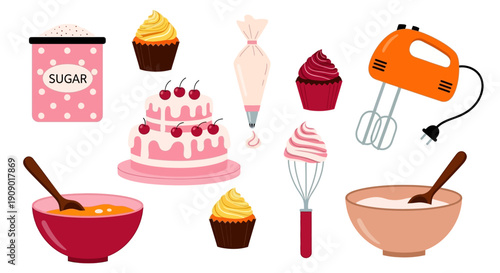 Baking scene with cake, mixer, and various desserts on a table indoors