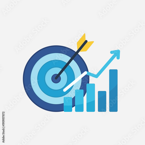 Business target achievement with growing graph and arrow hitting bullseye