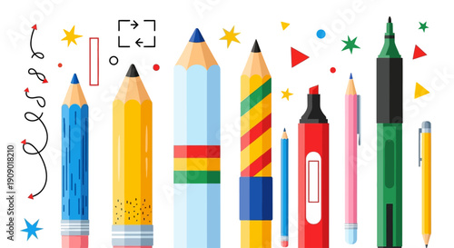 Colorful art supplies arranged neatly on a surface with erghnm concept