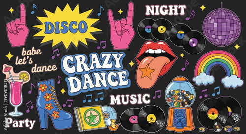 Disco party scene with people dancing at night to music