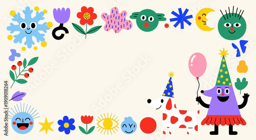 A purple creature celebrates a party with colorful flowers and balloons in a whimsical scene.