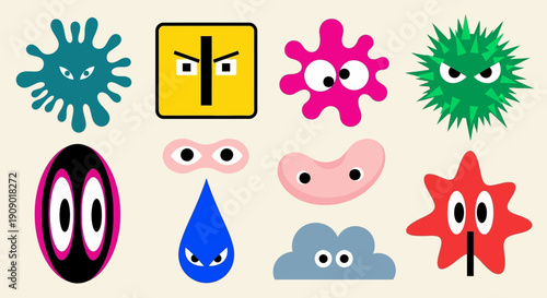 Colorful cartoon microbe illustrations showcase various shapes and expressions on a beige surface