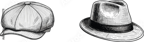 Hand drawn vintage hats illustration featuring classic flat cap and fedora in black and white sketch style isolated on white background