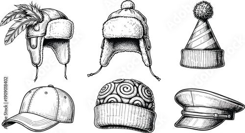 Hand drawn hat illustrations set featuring winter hats caps and headwear styles vintage sketch engraving fashion accessories isolated on white background