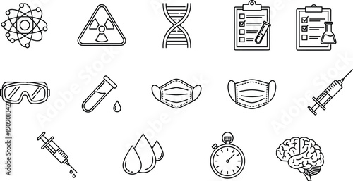 Minimal line medical and science icons set featuring healthcare research safety laboratory symbols syringe dna atom brain mask outline vector illustration