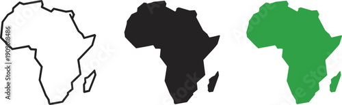 Africa map silhouette set isolated on white background, outline and filled continent shapes for geographic design illustration