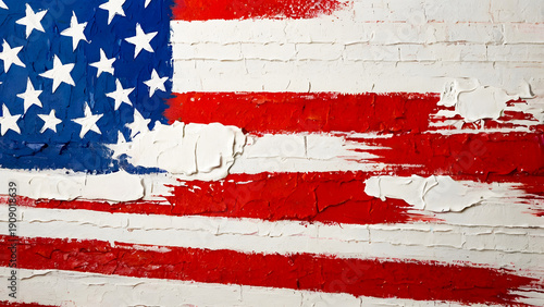 Abstract patriotic background with painted american flag texture showing red white and blue colors on rough wall surface suitable for independence day themes banners posters and creative design use