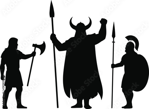 Ancient warriors silhouette collection, Viking and Spartan fighter characters with weapons and shields outline set isolated on white background for historical design