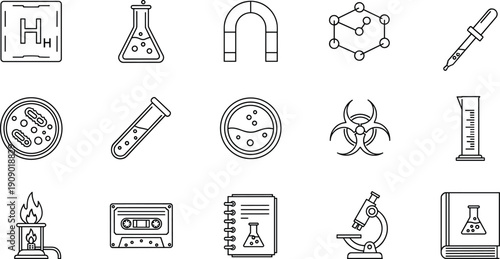 Minimal science laboratory line icons set featuring chemistry, biology, research equipment, scientific symbols, education tools, medical analysis elements, and