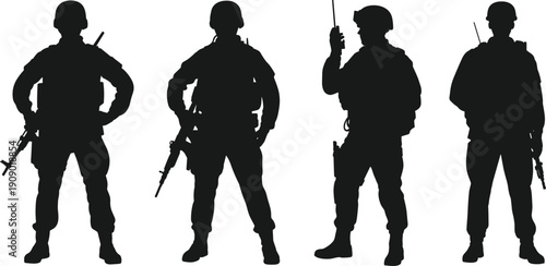 Armed soldiers silhouettes in tactical gear standing with rifles and radio isolated on white background for military, security, army and 