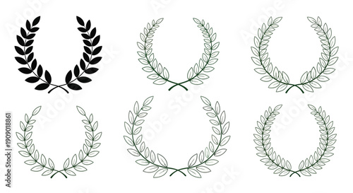 Three laurel wreaths one black two green arranged in a row