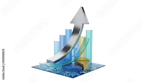 3D business growth arrow with charts and graphs, glossy style, professional look, PNG.