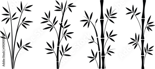 Bamboo silhouette collection with leaves and stems, Asian nature plant outline set, black botanical bamboo elements isolated on white background for design