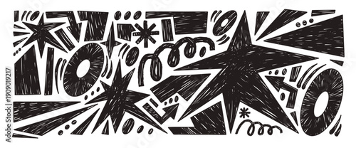 Hand-drawn doodle geometric shapes with stars, abstract figures. Charcoal sparks, oval, arrow, organic elements, and doodles form. Scribble irregular twinkles shape. Vector brush set isolated no bg.