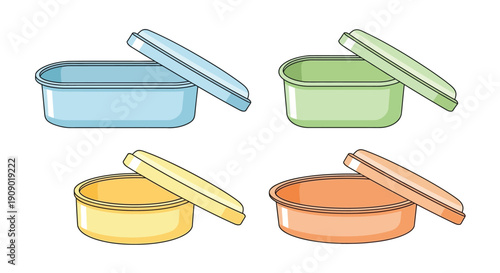 Four colorful plastic containers with lids arranged in a grid pattern