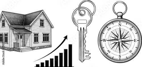 Real estate growth concept illustration with house, rising bar chart, key and compass symbolizing property investment, ownership security, navigation, and market direction