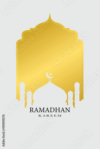 Ramadhan Kareem Golden Islamic Arch Background with Mosque Silhouette – Elegant Ramadan Mubarak Design Template