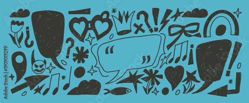 Speech bubbles with inverted spanish punctuation marks. Hand drawn pencil marker text boxes frames with devil, arrow scribble set. Crayon flowers, callout textured shapes. Vector crown, stars, heart.