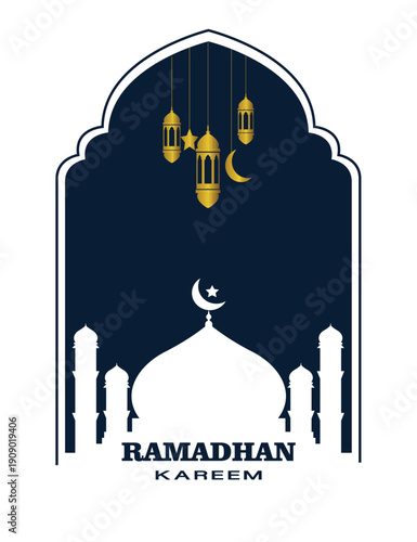 Ramadan Kareem Islamic Arch Background with Hanging Lanterns, Mosque Silhouette and Crescent Moon – Elegant Ramadan Greeting Design