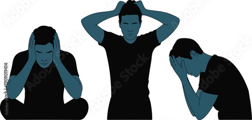  Stressed Man Silhouette Set – Anxiety, Depression and Mental Health Concept Vector Illustration.