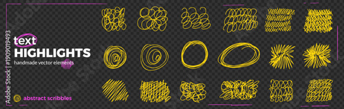 Messy text highlights set. Abstract pen scribbles. Hand-drawn scratches, squiggles and doodle highlights, naive decoration set. Vector kids irregular oval, crosshatching elements isolated no bg.